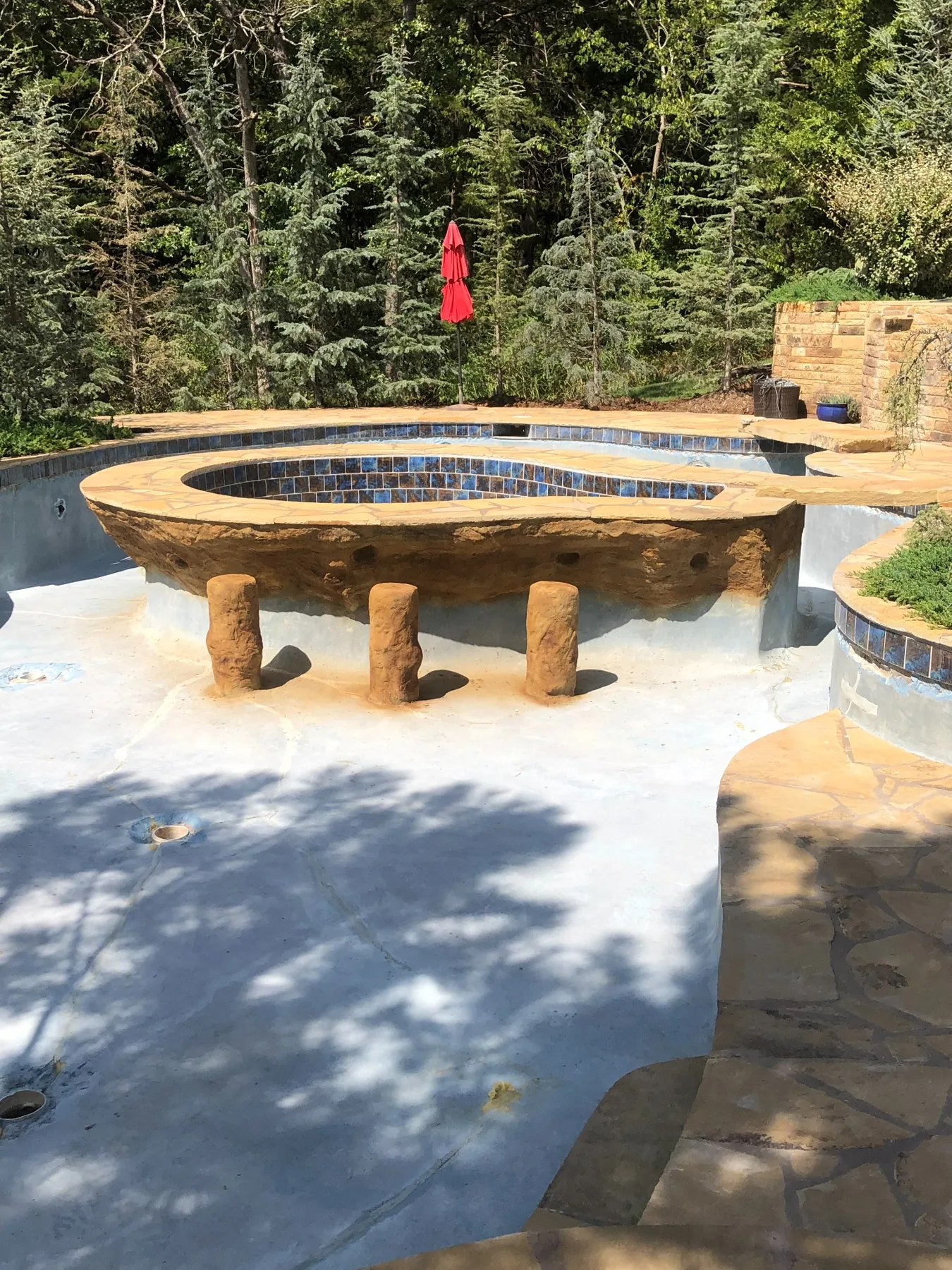 Custom carved concrete pool bar and rockwork