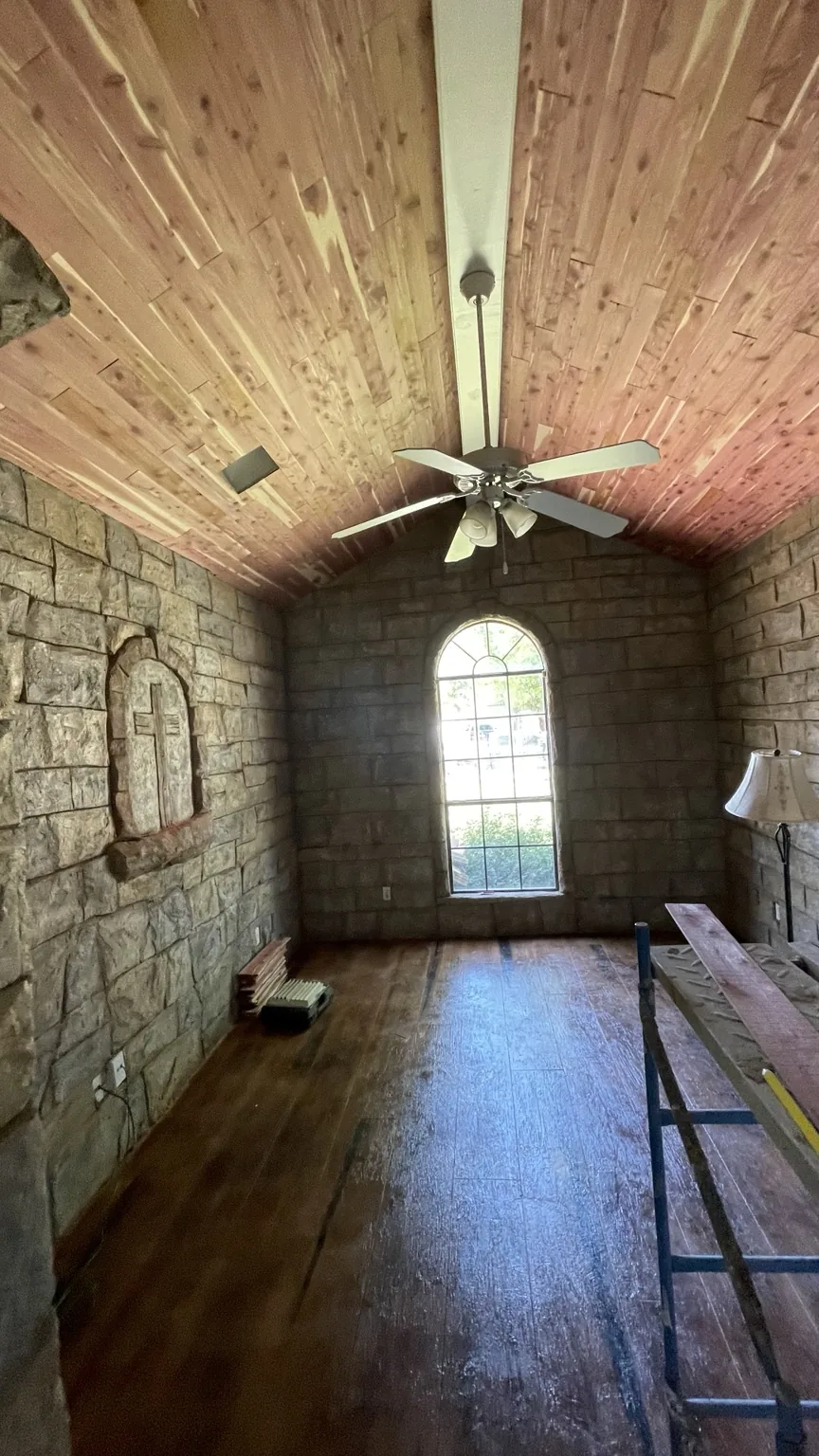 Carved stone and wood-look concrete