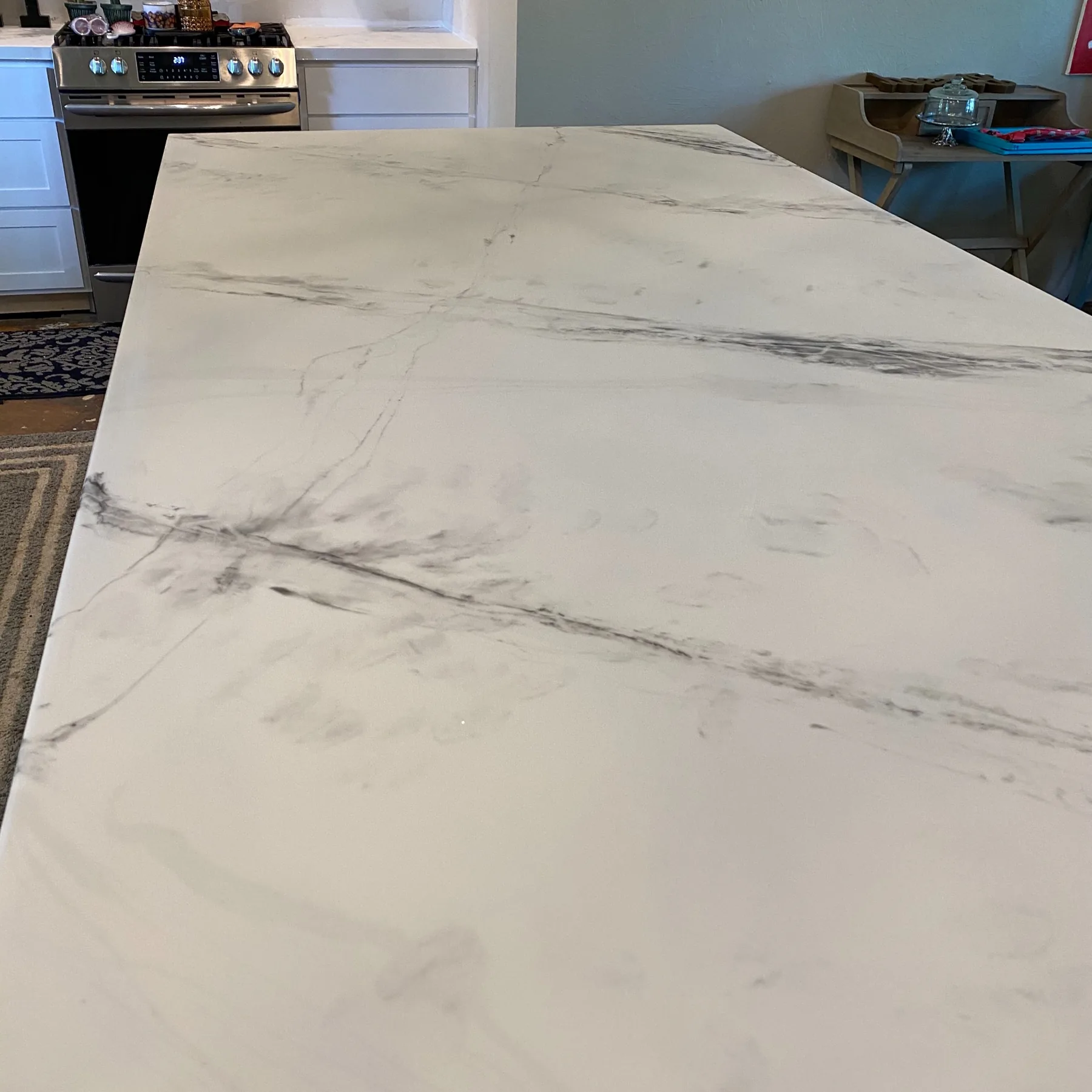 White marble-look countertop detail