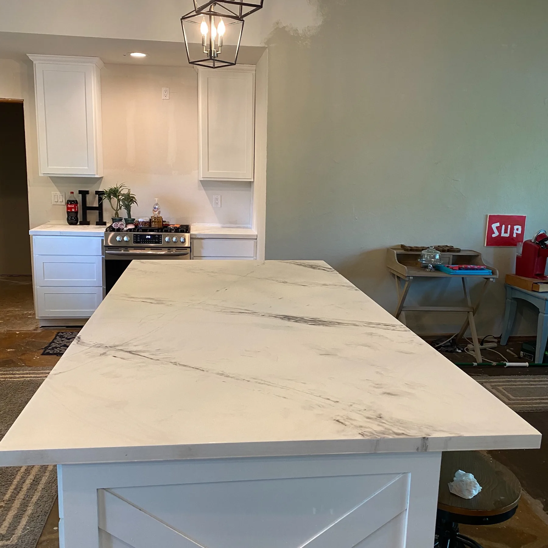 White marble-look concrete countertop