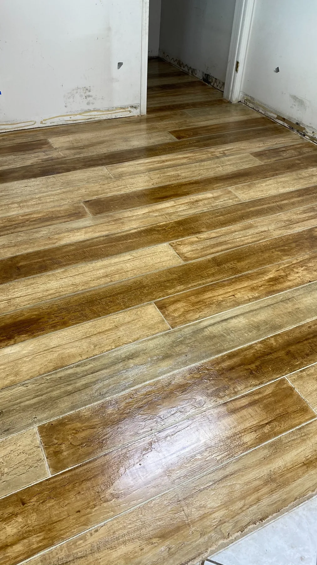Finished wood-look concrete floor
